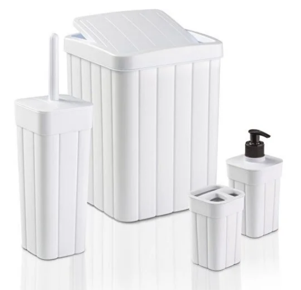 BySevil Fitil Desenli Plastik Banyo Seti Beyaz | 4'lü Lüks Banyo Seti