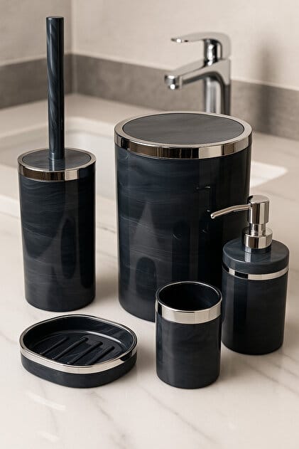 Gri Mermer Desenli Krom Detaylı 5'li Lüks Banyo Seti – Çöp Kovası & WC Fırça Takımı